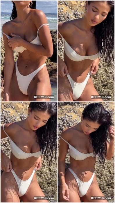 Crystal Bellotti tits and sexy pussy in white bikini. Beauty cameltoe lips in dirty panties after sex on the beach. Download it!