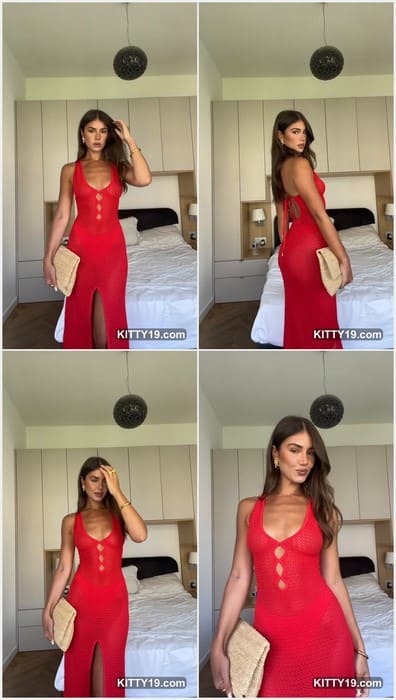 Dekota Thompson topless sexy babe in red tight dress posing without lingerie. Wow, her small pussy absolutly naked!