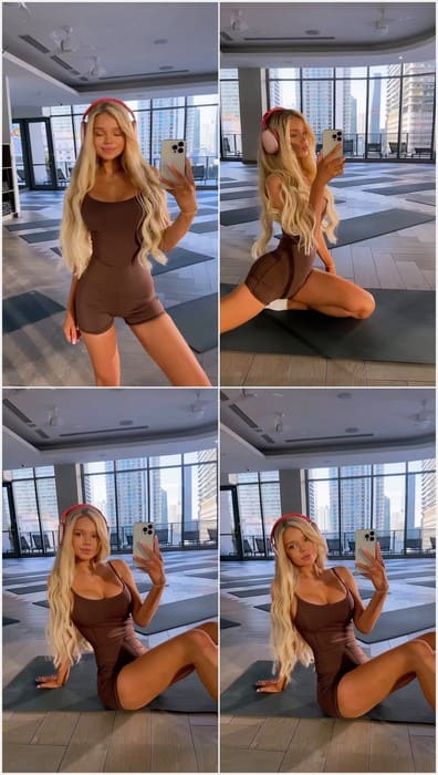 Zolotova sexy blonde fit girl from Belarus, posing in wet gym pants without panties. Download it leaked video now!