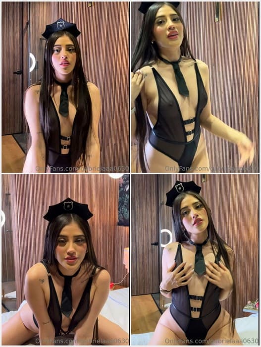 Gabriela Garcia onlyfans dressed in a bold black police outfit, Gabriela Garcia strikes confident poses, blending playful charm with sultry confidence perfectly.