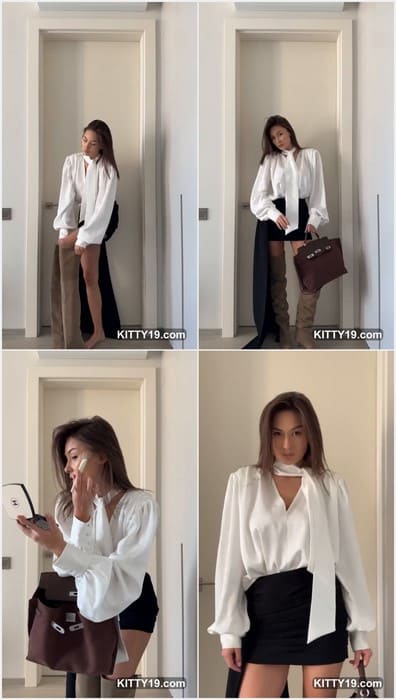 Chic and classy, Milena Yavorskay ass pairs a white blouse with thigh-high boots for a modern streetwear vibe.
