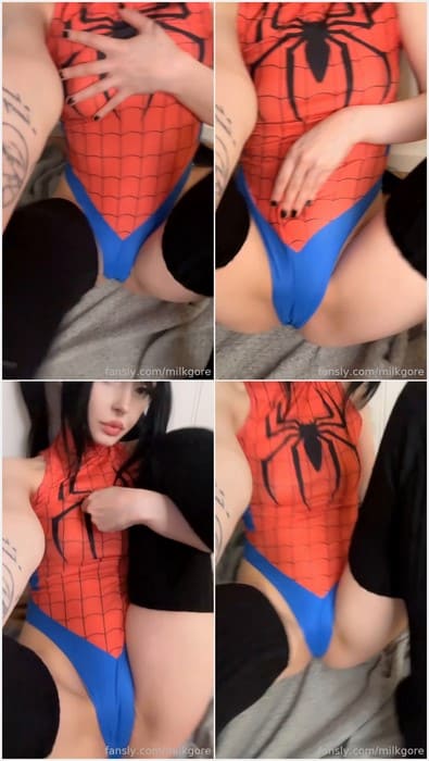 MilkGore onlyfans leaks wears a red-and-blue Spider-themed bodysuit, blending cosplay with stylish curves and close-up shots.