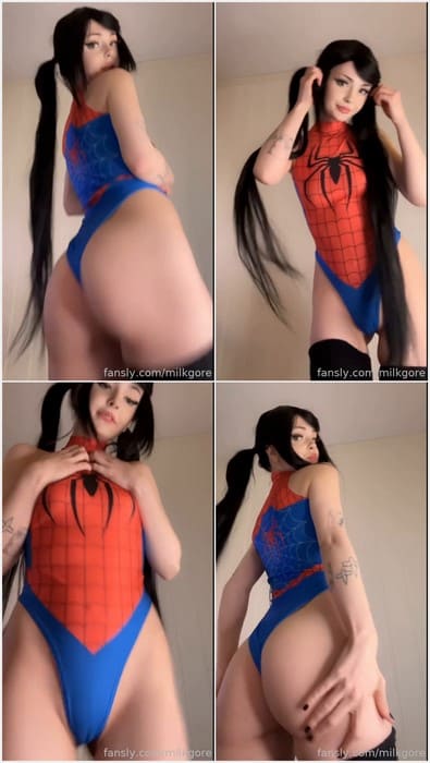 Twin ponytails and Spider-Gwen style: MilkGore tits rocks superhero cosplay with confident poses and bold style.
