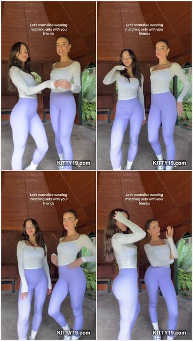Sarah Leonard model with amazing legs in tight pants. Sexy two friends posing in sexy leggins without panties! Yeah!