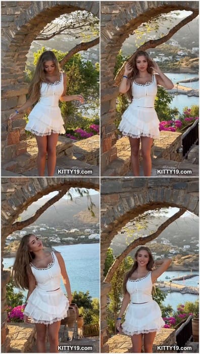 Alina Bernevec model with sexy tits and legs posing in white skirt dress and without panties on leak video.