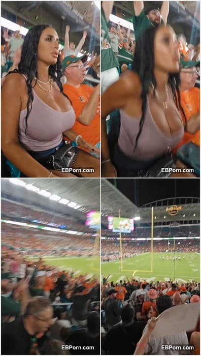 Tania Barbosa tits so big and hot! Beauty brunette girl and pornstar sitting on stadium without bra and show her titty nipples.