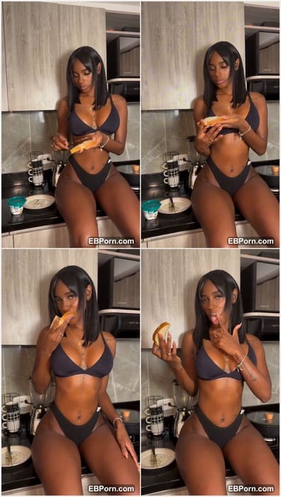 Barbiegomez_latina topless black slut sitting on the kitchen with dirty pussy and wet after anal sex anus. Adorable ebony hot girl