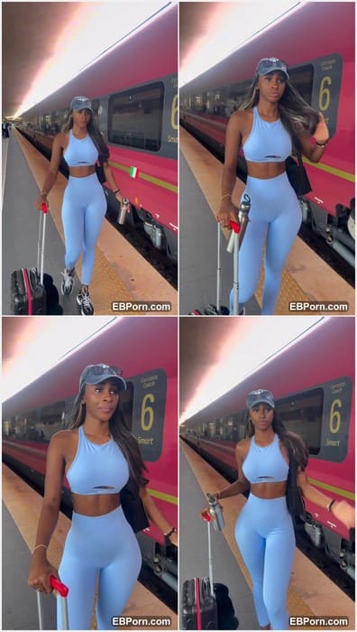 Barbielatina hot black slut with adorable body posing in train after sex in toilet with her sugardaddy. Ebony slut hot suck his dick!