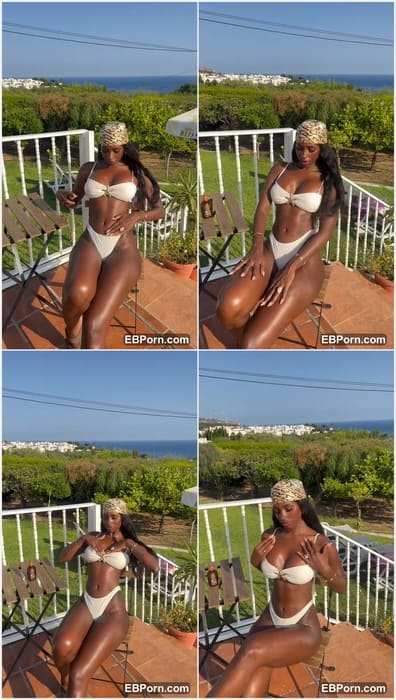 Barbielatina naked ebony slut posing in white bikini in garden her rich man. Yeah, he paid for this and will be fuck so hard her black ass